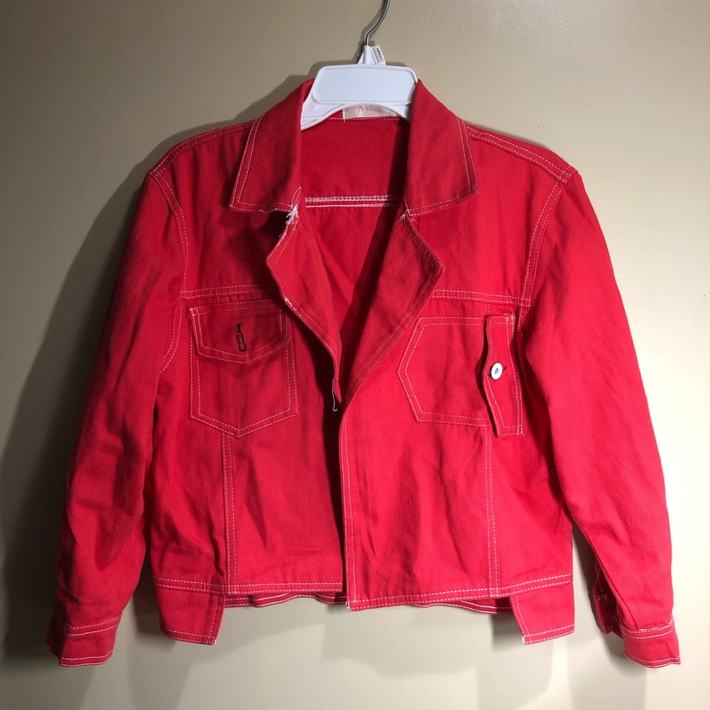 cropped red denim jacket w white contrast stitch